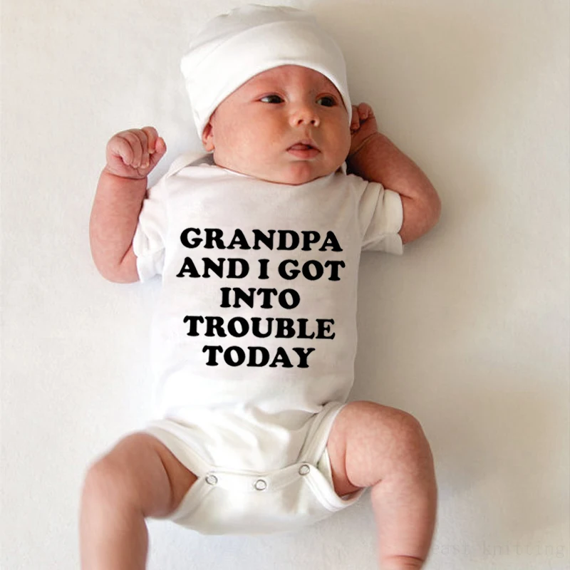 Newborn Babysuit Baby Boys Girls Cotton Short Sleeve Letter Print Grandpa and I Got Into Trouble Today Romper Summer Clothes