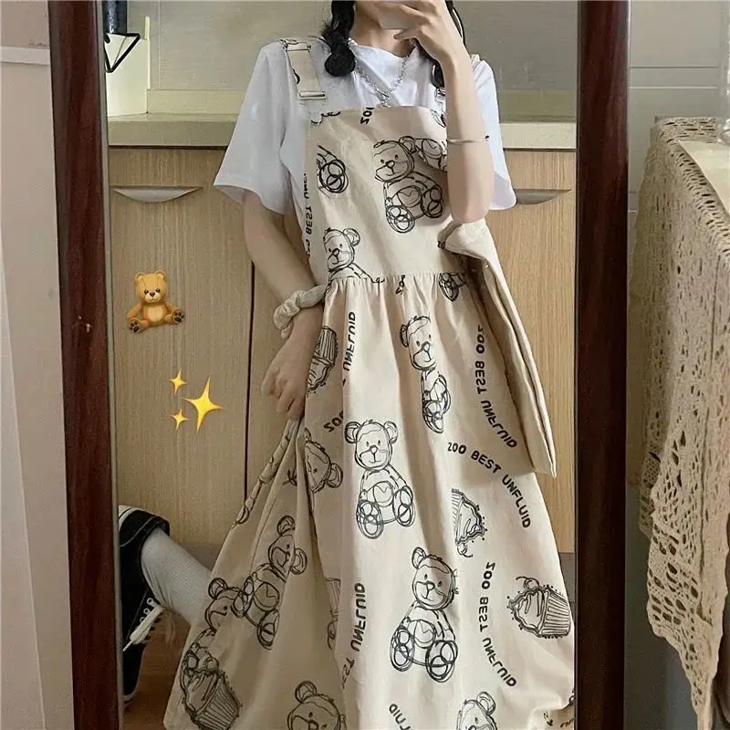 

HOUZHOU Kawaii Slip Dress Sweet Cute Cartoon Bear Print Workwear Sundresses Preppy Style Outfits Streetwear Women Summer Dress