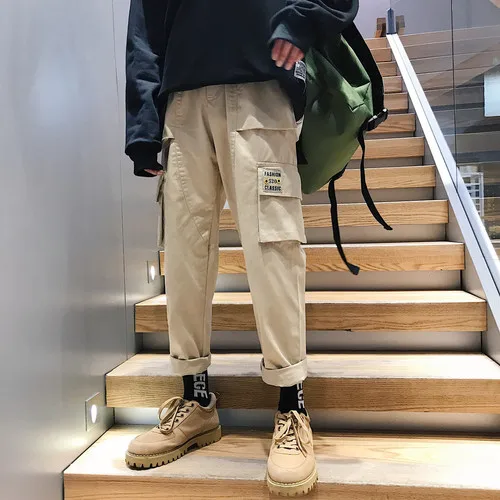 Khaki Liketkit Men's Vintage Cargo Pants Male Hip Hop Khaki Pockets Joggers Pants Male Korean Fashion Sweatpants Winter Overalls - Color: Khaki