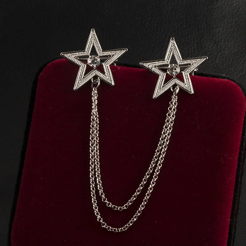 

Korean Rhinestone Pentagram Brooch Fashion Metal Tassel Chain Lape Pins Suit Shirt Collar Brooches Women Men Gifts Accessories
