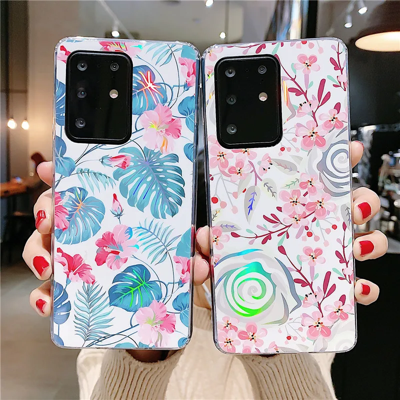 

Glitter Phone Case For Samsung A71 A40 A51 A30S A50 A41 S20 S10 S9 S8 Plus S20Ultra Floral Leaf Lazer Soft TPU Shockproof Cover