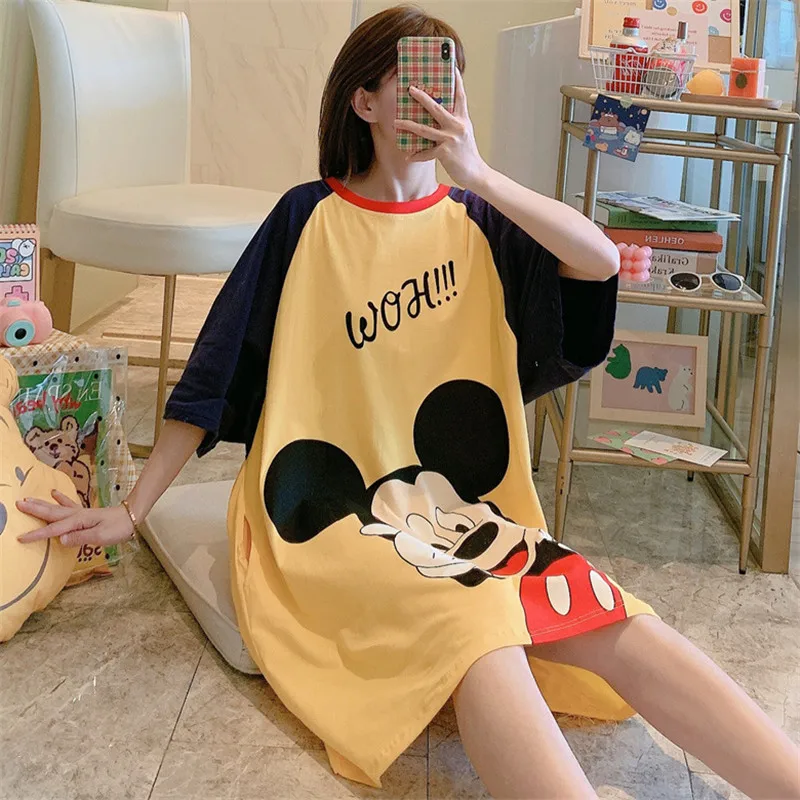 Cartoon Mickey Duck Fashion Print Summer Short Sleeve Nightdress Pajamas Women's Summer Long Skirt Loose Home Wear Pajamas 6