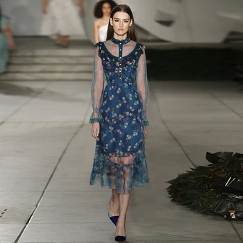 

Gedivoen Summer Fashion Midi Dress Womoen Stand collar Flare Sleeve Floral Print Patchwork Mesh Ruffles Elegant Ladies Dresses