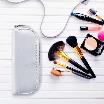 

Women Travel Makeup Bag High-grade Leather Makeup Toiletry Bag Organizer Dustproof Travel Solid Zipper Cosmetics Pouch Silver