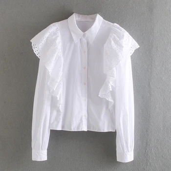 

2020 Za New Casual Fashion Lady Female Women Women's clothes White solid color cutout embroidered poplin shirt with ruffles