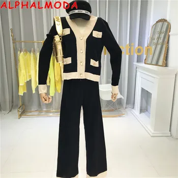 

ALPHALMODA 2020 OL Ladies Knit Cardigans Pants 2pcs Fashion Suit V-neck Sweater Top Wide Leg Pants 2pcs Set