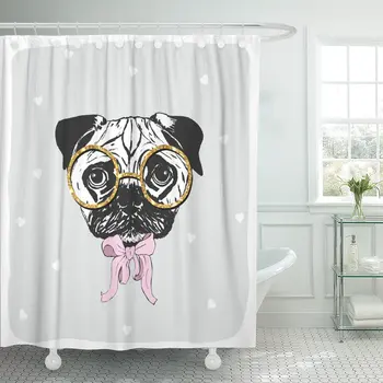 

Pink Animal Cute Pug Dog Glasses and Bow Tie Shower Curtain Polyester 60 x 72 inches Set with Hooks