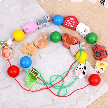 

Animal Fruit Wooden Lacing Threading Beads Block Toys For Children Learning Education Cartoon Kids Toys