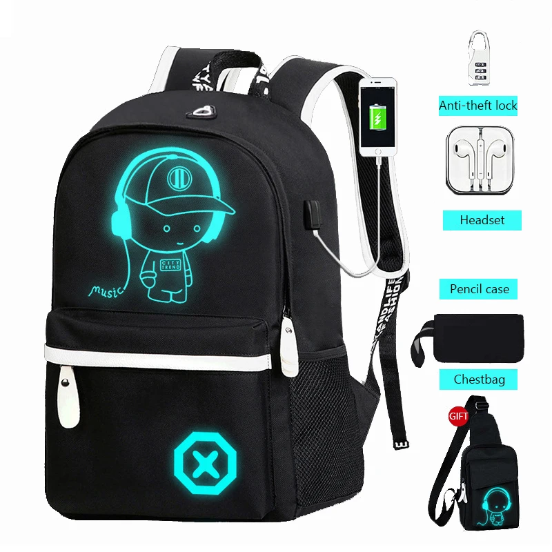 Рюкзак для ноутбука с USB-зарядкой мужчин детские школьные ранцы милый Светящийся