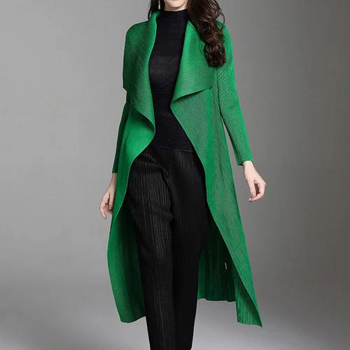 Green Miyake плиссированный плащ, пожалуйста, отложной воротник, открытая стежка, Асимметричная Длина, однотонное длинное пальто, двухэтажная ветровка, новая осенняя - Цвет: Green