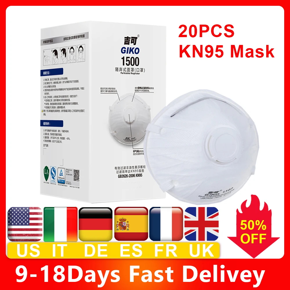 

GIKO 1500 Disposable KN95 Mask N95 Breathing Valve 95% Filtration Soft Breathable Protective Mask Safety Masks PPF2 Masks Masque