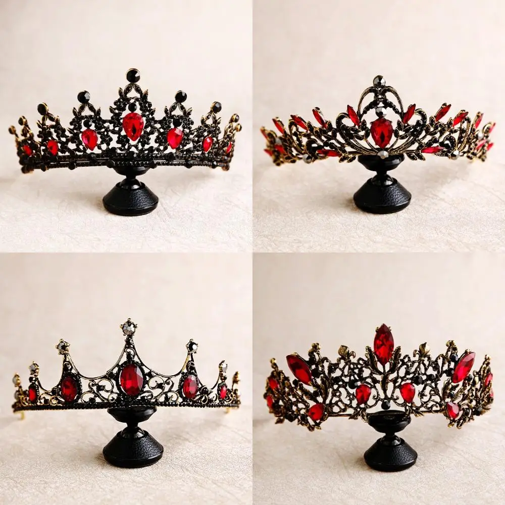 Барокко бронзовая Роскошная красная тиара с кристаллами для невесты корона винтажная черная горный хрусталь пышная диадема вуаль Тиара Свадебные аксессуары для волос
