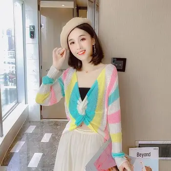 

new fashion girl summer knitted sweater crop pullovers V neck rainbow striped jacket full sleeve