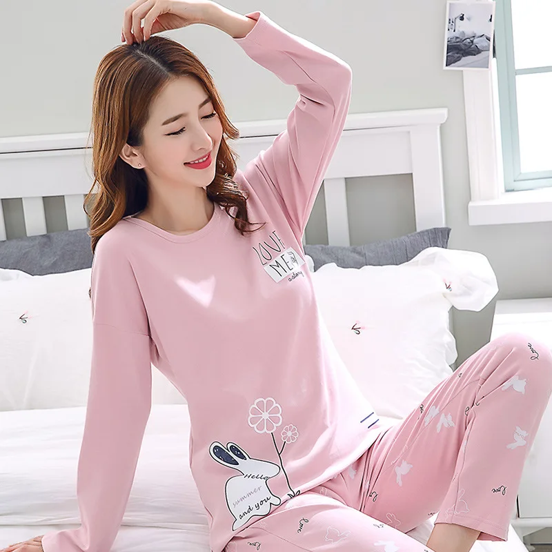 

Autumn and Winter Pajamas Women's Cotton Long Sleeve Loose Casual Cartoon Lovely Korean Suit Home Clothes