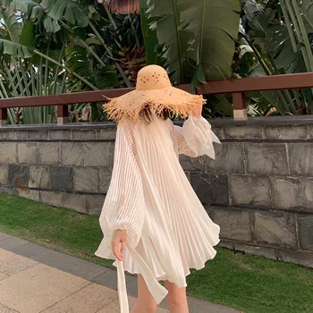 

A-line High Collar Bubble Sleeve Dress Pleated Dress 2019 Spring and Summer Autumn Fashion Shirt Dress Women Plus Size