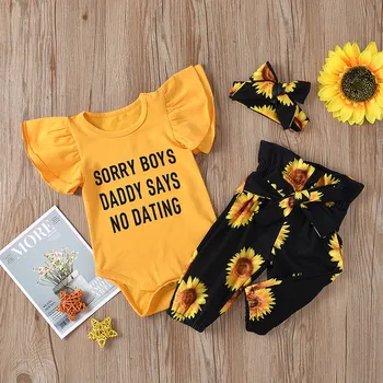 

Newborn Baby Girl Clothes Cotton Fly Sleeve Romper Tops Sunflower Print Pants Headband 3Pcs Baby Girl Outfits Infant Clothing