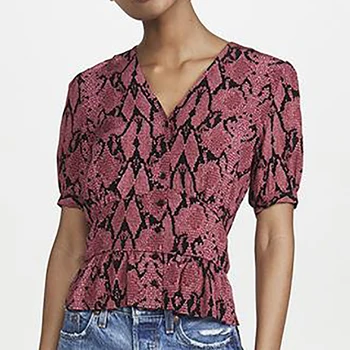

Rose Color Snake Print Women Blouse Vintage V-neck lady Slim Waist Single-breasted Fashion Female Shirt and Top 2020 New