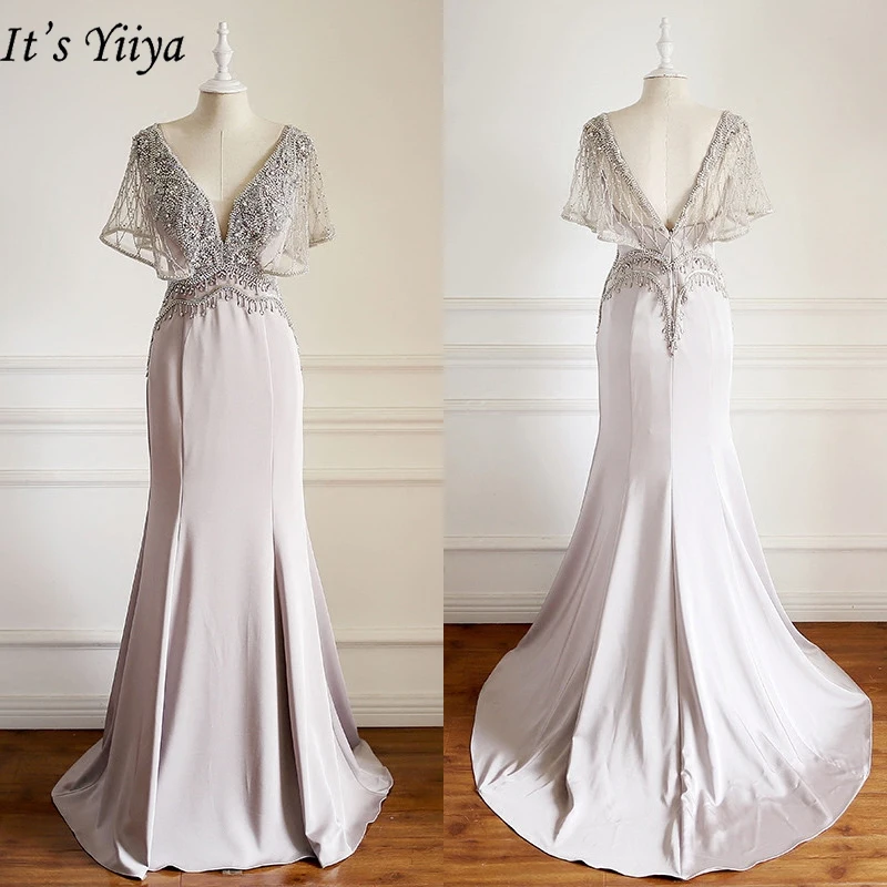

It's Yiiya Evening Dress 2019 V-neck Short Sleeve Trumpet Formal Dresses Crystal Tassel Floor Length Party Robe de Soiree E927