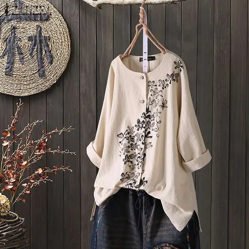  ZANZEA Women Vintage Buttons Down Shirts Long Sleeve Floral Printed Blouse Autumn Cotton Linen Tops