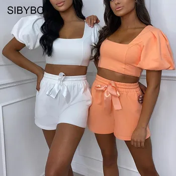 

Sibybo Casual Bandage Two Piece Set Women Outfits Puff Sleeve Crop Top And Biker Shorts Sets White Sporty Streewear Tracksuits