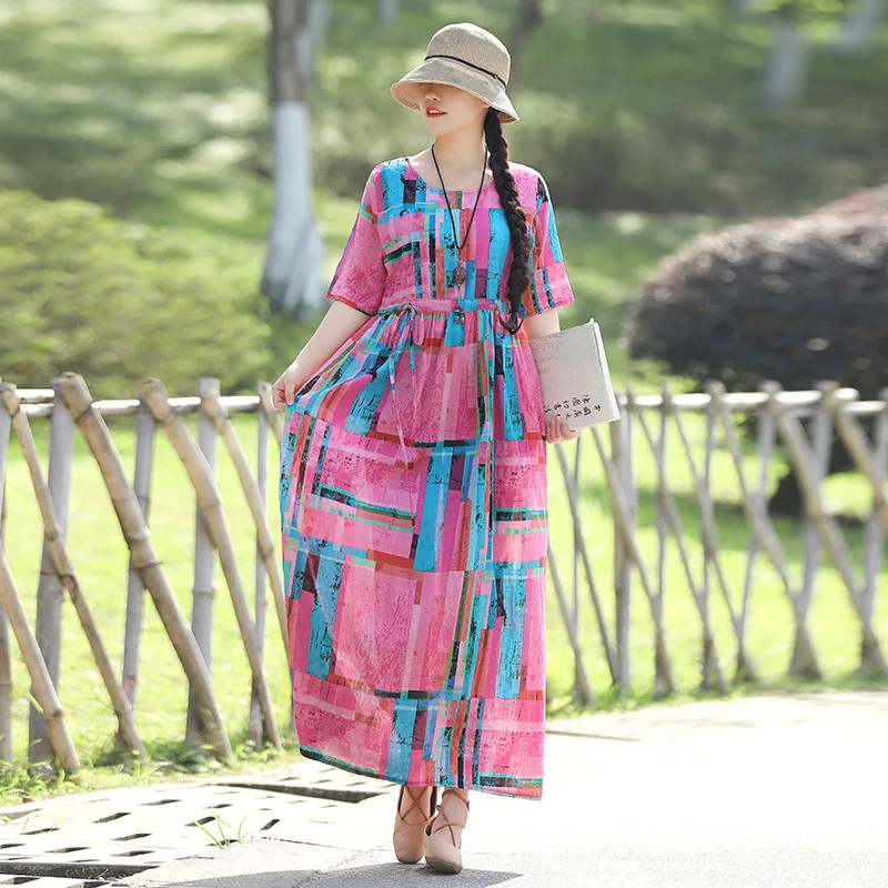 

2019 Summer Wear New Style Travel Literature And Art Dress Cotton Linen Printed Large Size One Piece Long Skirts