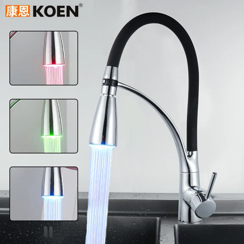 

Kitchen Sink Copper Faucet LED Pull-out Kitchen Dish Hot And Cold Faucet