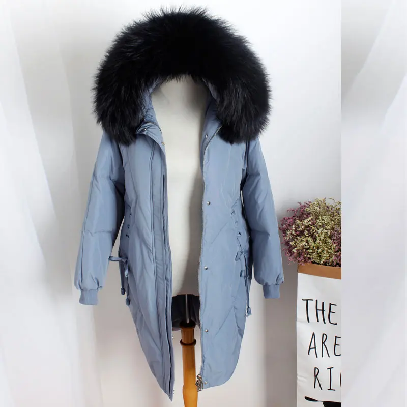 Женское длинное теплое толстое пуховое пальто, женское повседневное свободное пуховое пальто, ветрозащитная верхняя одежда с воротником из натурального меха енота