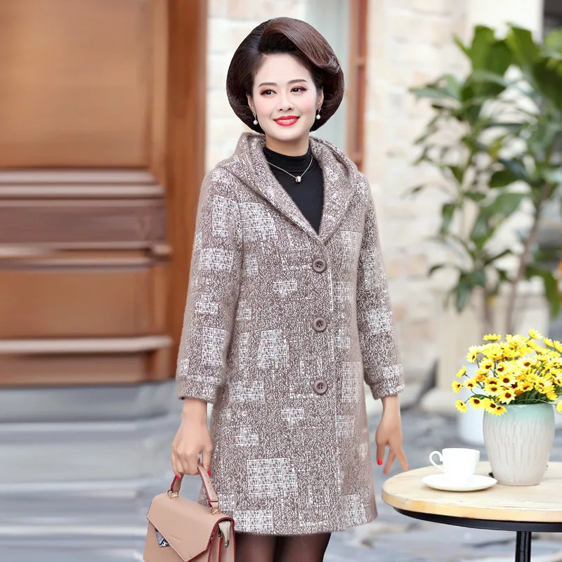 

Mom Autumn And Winter Waterproof Mink Cashmere Coat Mid-length Western Style Middle-aged WOMEN'S Apparels Hooded Cardigan Wool E