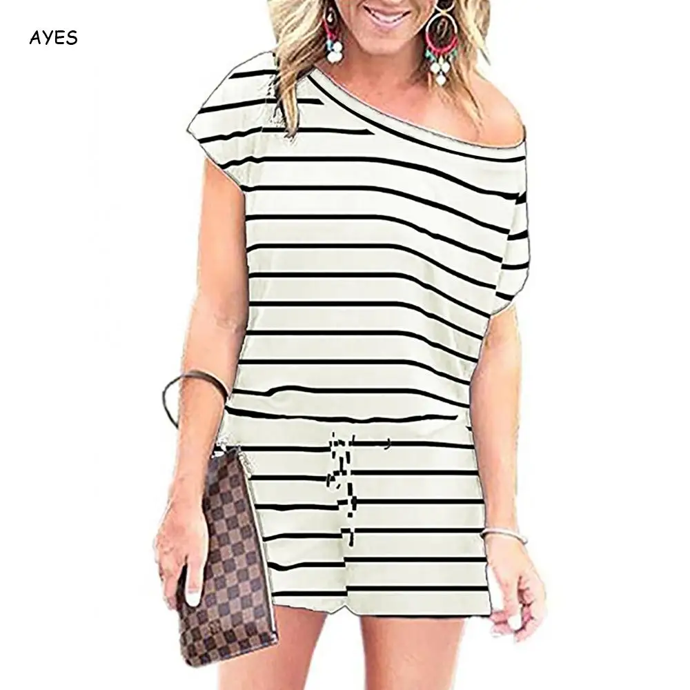 

Off Shoulder Striped Playsuits Women 2020 Summer Casual Short Jumpsuits Short Sleeve Stripes Rompers Tunic Drawstring Playsuit