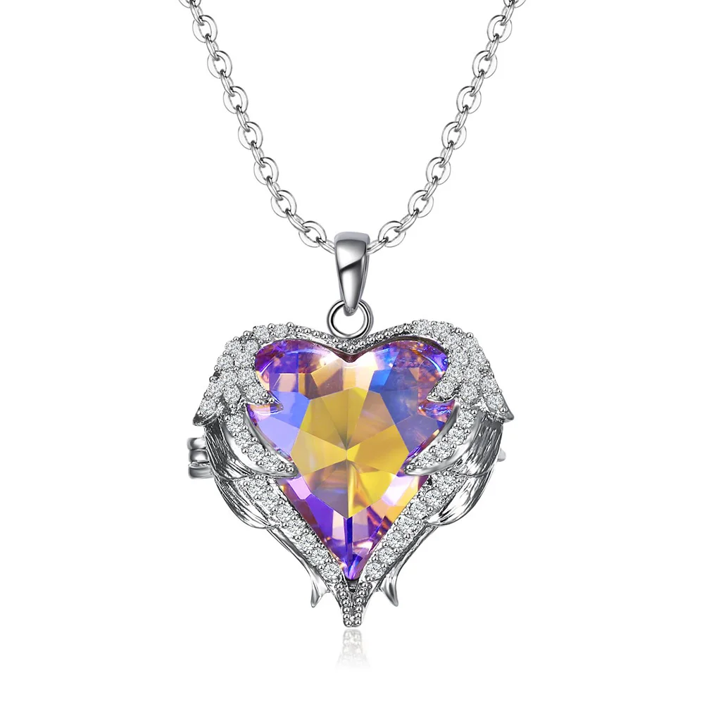 

Angel Wings Charm Lady Heart Shaped Zircon Jewelry Rainbow Zircon Ms. Necklace Yellow/Blue/Purple Multilayer Color Necklace Gift