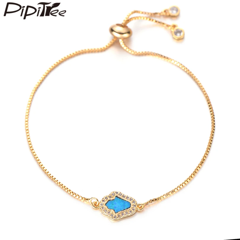 

Pipitree Popular Blue Opal CZ Hamsa Hand Bracelet for Women Men Chain Link Gold Color Bracelets Zircon Crystal Jewelry Gift