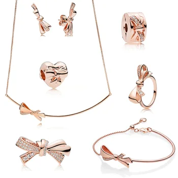 

Fashion Elegant 925 New Silver Shiny Bow Earrings Clear Bracelet DIY Bead Set Classic Charm Lady Clavicle Chain Birthday Gift