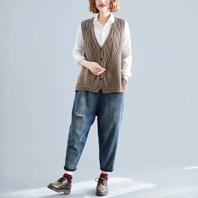 Brown women sweater RICININA, вязаный свитер, жилет, женский кардиган,, v-образный вырез, без рукавов, на пуговицах, Одноцветный, болеро, Mujer, осенние свитера для женщин, пуловеры - Цвет: Brown women sweater