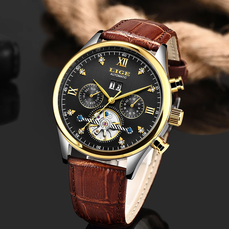 LIGE Брендовые мужские часы автоматические механические Tourbillon спортивные кожаные
