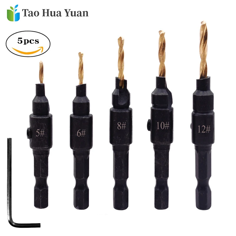 

5PCS HSS Steel Countersink Drill Bit 5/6/8/10/12 Woodworking Screw Hole Drill Bit Wood Drill Bit Titanium coated Hole Cutter AA