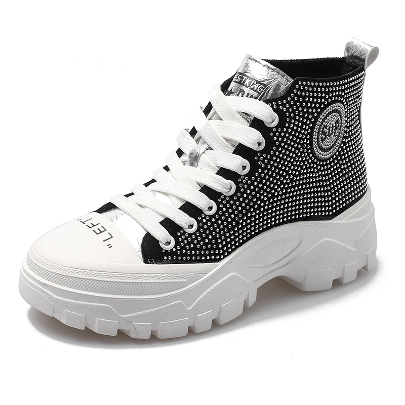 

2019 Winter New Women Rhinestone Martin Boots Comfortable Non-slip Breathable Crystel Ankle Boots Lace-up Round Toe Booties