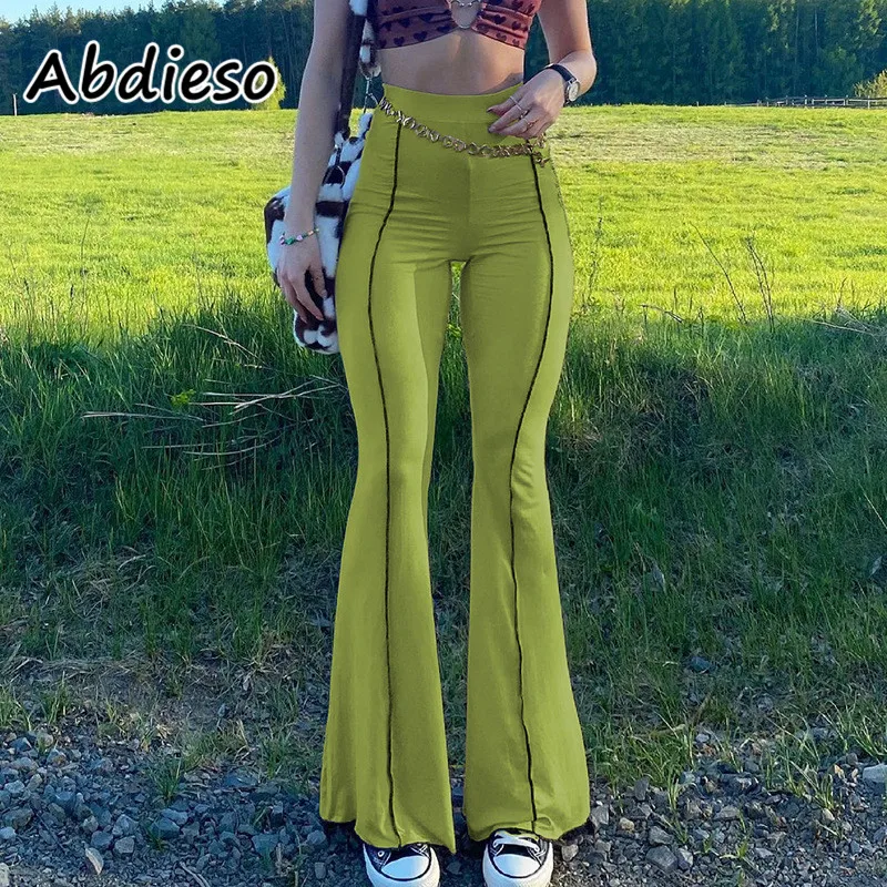 Abdieso 2021 Vintage Y2k Flare Pants Women Summer Green Long Skinny