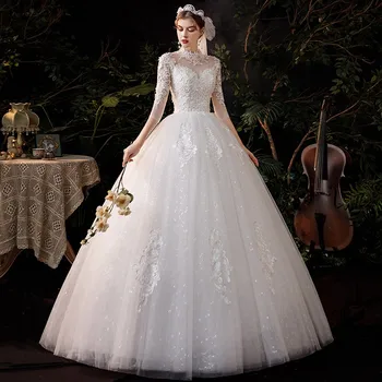 فستان زفاف برقبة عالية 2023 فاخر ثلاثة أرباع كم بأربطة حتى الكرة ثوب Vestido De Noiva مقاس كبير 3
