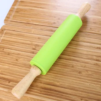 

38 Cm Silicone Rolling Pin Solid Wood Handle Roller Non-stick Food Flour Stick Rolling Pin Dumplings Stick Baking Tool