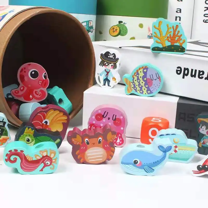 Ранние развивающие деревянные игрушки детские игрушки DIY мультфильм фрукты животное нанизывание резьба деревянные бусины Monterssori игрушка для детей