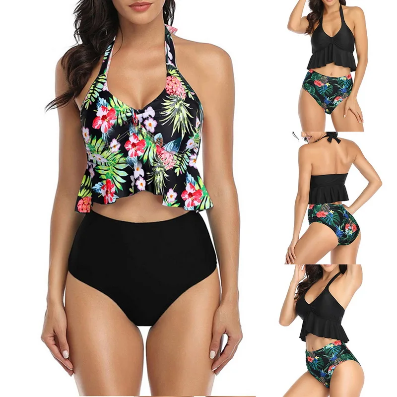 

2020 New Tankini Plus Size Swimwear Women Swimwear Two Piece Printed Halter Swimsuit Swimming Dress Bathing Suit S-XL