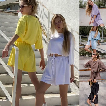 

JAYCOSIN Fashion Women Sports Suit Summer Women's Workout Solid Color 5-Point Sleeve O- Neck Casual Sports Tracksuit Suits L709