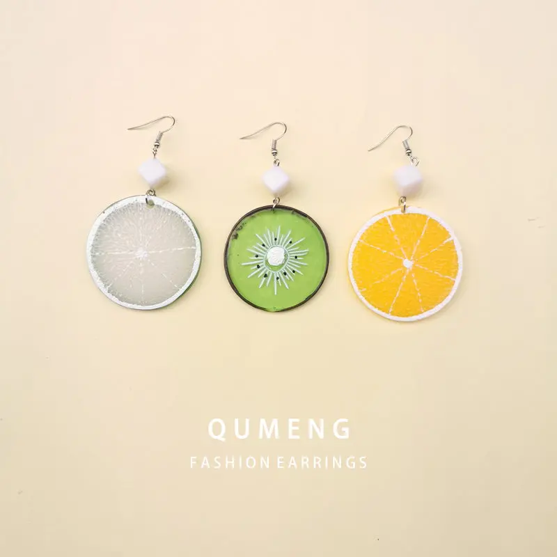 QUMENG новый дизайн милый фрукт лимон апельсин киви серьги для женщин отдыха на