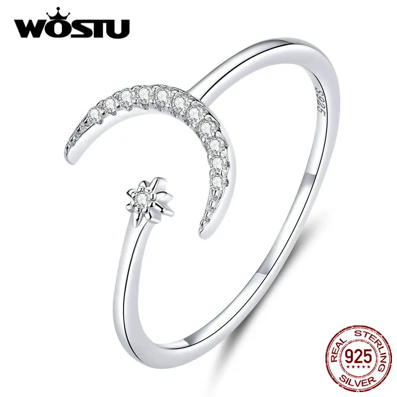 WOSTU, настоящее 925 пробы, серебряная луна, свадебные кольца для женщин, сверкающий циркон, регулируемые кольца, хорошее ювелирное изделие, подарок CQR569