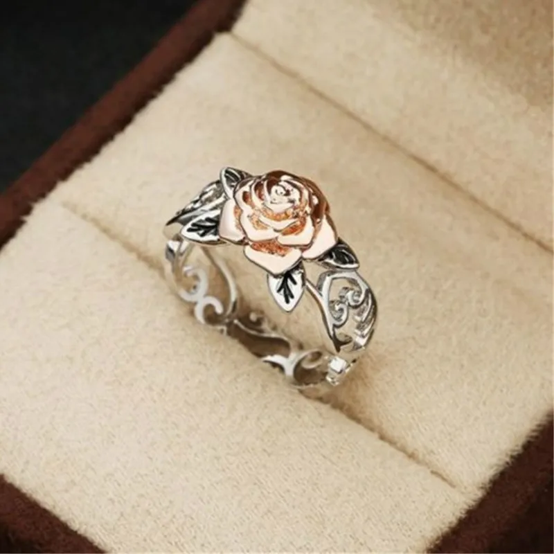 Anillo de Flor de Oro rosa, joyería de mano, Vintage, plateado