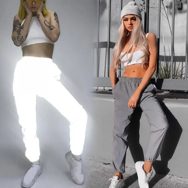 

Hot Women Trousers Flash Reflective Pants Winter Casual Jogger Gray Loose Punk Solid Trousers