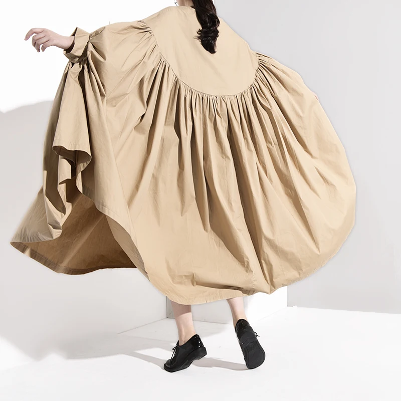 [EAM] женское плиссированное платье большого размера с большим подолом, новинка, круглый вырез, рукав три четверти, свободный крой, мода, весна-осень, 1A456