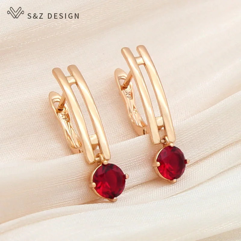 S&Z DESIGN New Fashion Round Cubic Zirconia Dangle Earrings For Women Wedding Gold Color Jewelry Gift