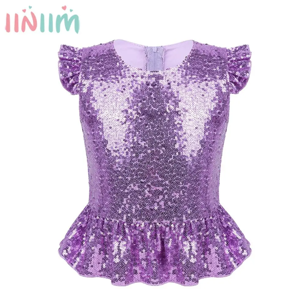 

Kids Girls Mermaid Tops Sparkly Holographic Short Flutter Full Lined Back Zipper Peplum Top for Halloween Carnival Party T-Shirt