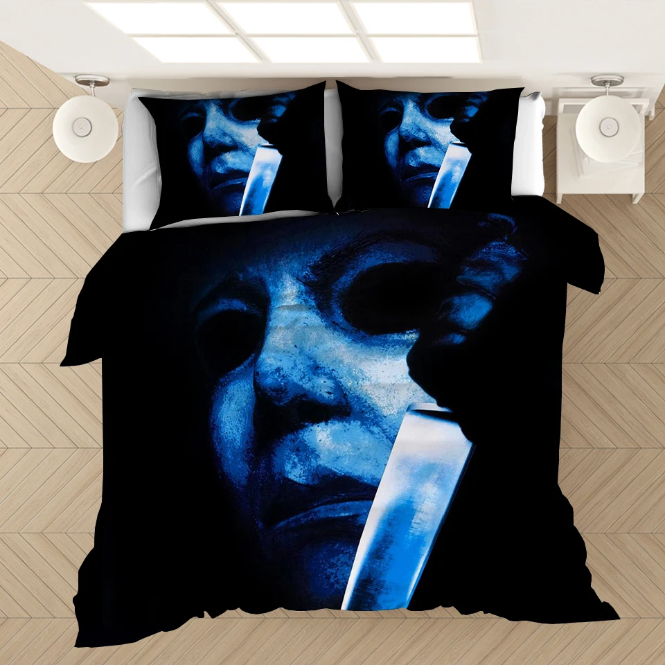 7 EILANNA innmilk Bedding Sets Bedspread Halloween Michael Myers 3D Print Twins Size Decorative Quilted 3 Piece Coverlet Set with 2 Pillow Shams